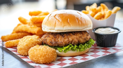 Closeup of a cheeseburger, fries, chicken nuggets, and ketchup.