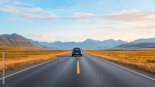 A single car driving on a long, straight road through a vast, open landscape.