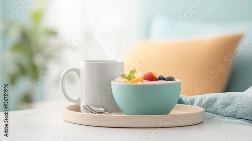 Wallpaper Mural A bowl of yogurt with fruit and a cup of coffee on a table in a living room. Torontodigital.ca