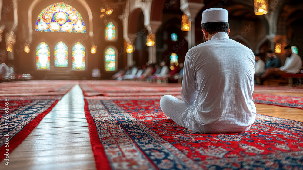 A prayer session at a large mosque with stained glass A prayer session at a large mosque with stained glass