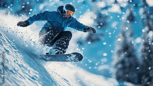 Snowboarder skillfully executes a stunning trick in snow