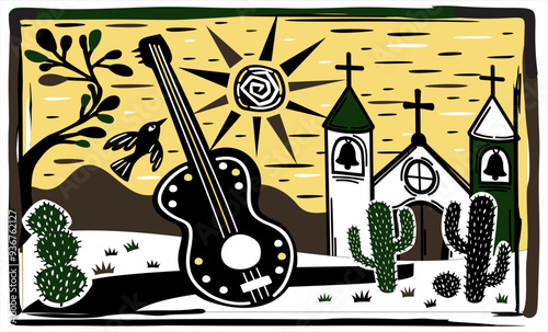 Brazilian cordel style. Landscape illustration. Sun, church and guitar. Woodcut style