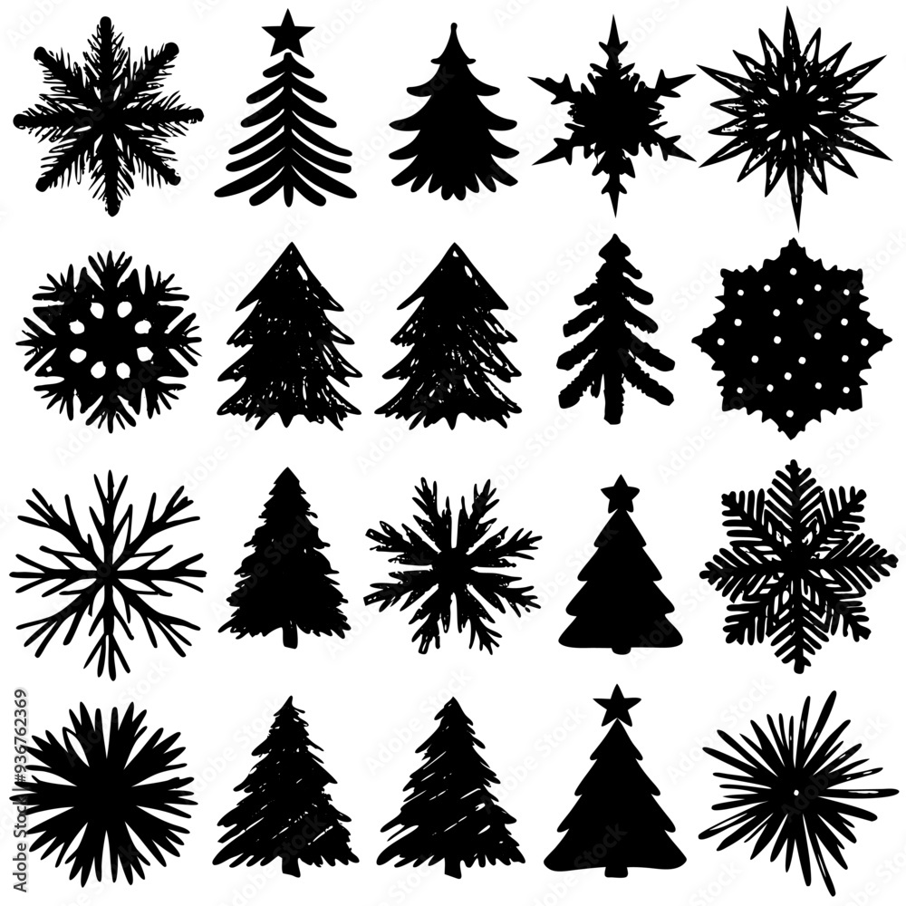 Obraz premium Silhouettes of Christmas trees and snowflakes on a white background