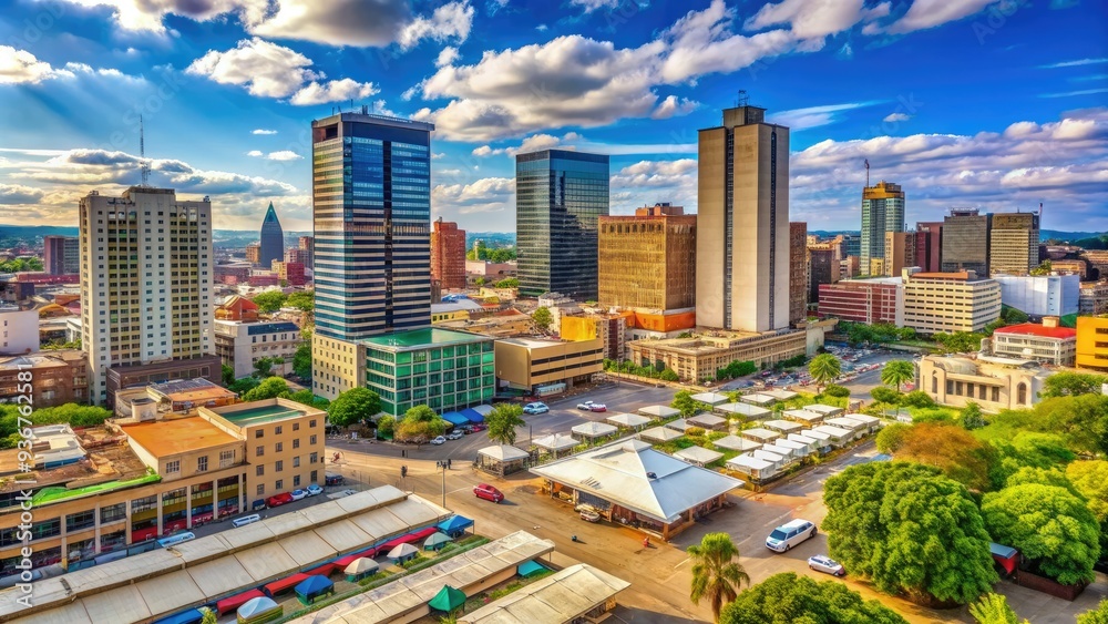 Fototapeta premium Vibrant African cityscape with modern skyscrapers, colorful markets, and bustling streets in Harare, Zimbabwe's capital, showcasing eclectic mix of old and new architecture.