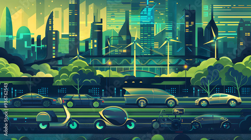 Futuristic Eco-Friendly City with Sustainable Transport and Green Renewable Energy Solutions, Wind Turbines and Electric Vehicles in Urban Landscape