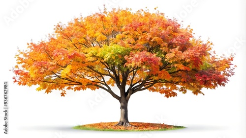 Small autumn tree with colorful leaves and fine branches, isolated