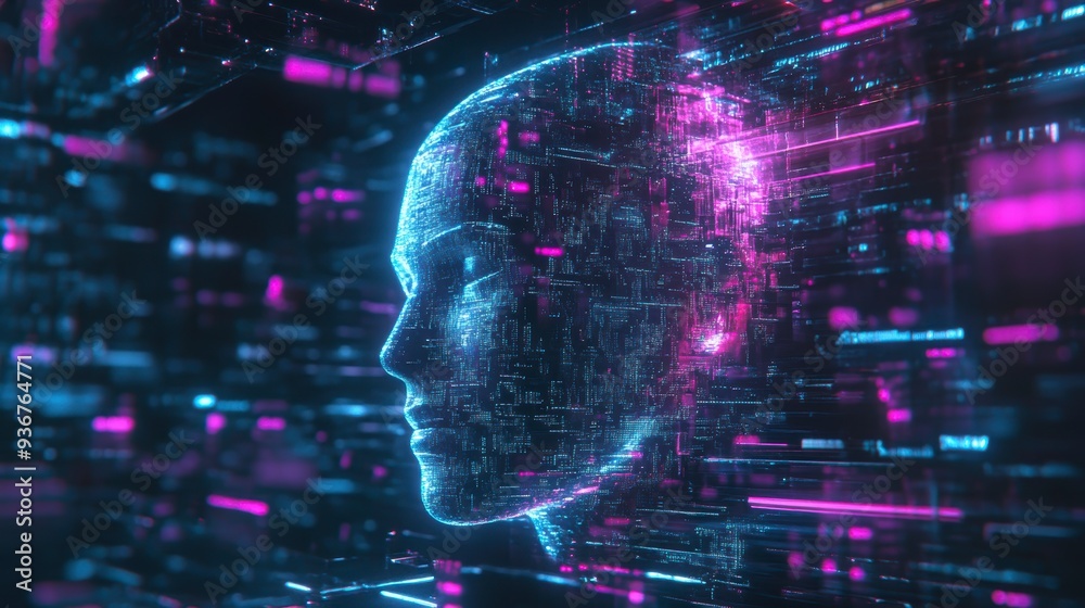 A holographic AI face surrounded by vibrant data streams, symbolizing the power of AI in technology and business