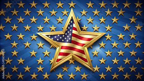 Vibrant American flag with intricately designed golden stars overlaid on a rich blue background, symbolizing freedom, unity, and national pride, perfect for patriotic themes. photo
