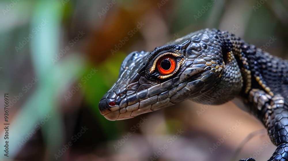 Obraz premium Close-up Portrait of a Black Lizard with Striking Red Eyes