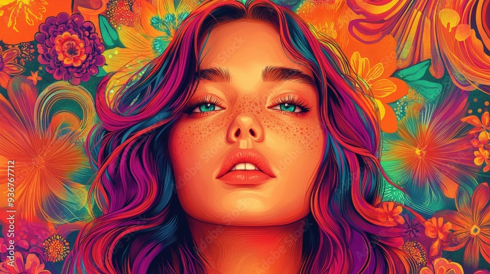 A detailed illustration of a woman with vibrant, warm-colored hair, framed by a kaleidoscopic mandala design, with crisp lines and a low-detail psychedelic look A detailed illustration of a woman with vibrant, warm-colored hair, framed by a kaleidoscopic mandala design, with crisp lines and a low-detail psychedelic look