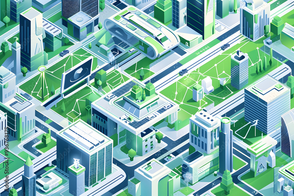 Isometric Smart City with Green Technology, Connected Infrastructure, and Renewable Energy Solutions Highlighting Digital Transformation Isometric Smart City with Green Technology, Connected Infrastructure, and Renewable Energy Solutions Highlighting Digital Transformation