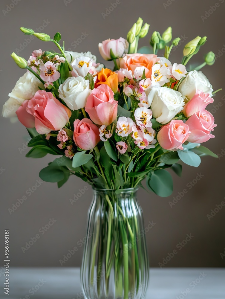 Beautiful bouquet of assorted flowers in a clear vase, showcasing vibrant colors and natural beauty for various occasions.