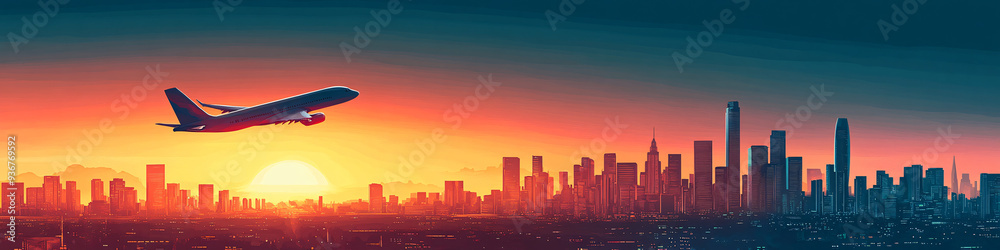 A large airplane is flying over a city at sunset A large airplane is flying over a city at sunset
