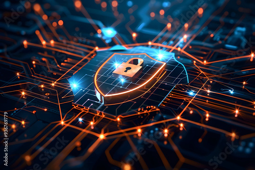 Cybersecurity Concept with Digital Shield and Lock, Illustrating Data Protection and Secure Network in Digital Transformation