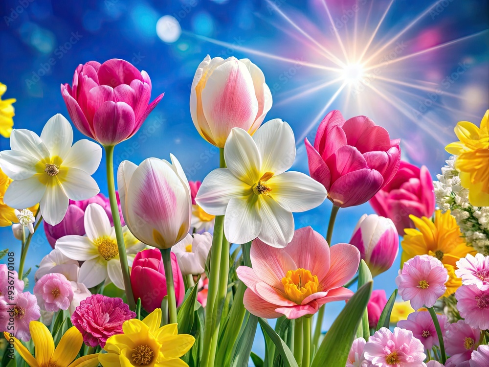 Vibrant blooming flowers in shades of pink, yellow, and white pop against a brilliant blue background, capturing the essence of a beautiful spring morning. Vibrant blooming flowers in shades of pink, yellow, and white pop against a brilliant blue background, capturing the essence of a beautiful spring morning.
