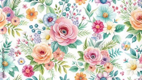 Wallpaper Mural Vibrant blooming florals in soft pastel hues dance across a delicate white background, creating a whimsical and romantic reversible repeating pattern for design and decor. Torontodigital.ca