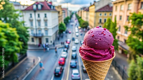 Summer refreshing berry ice cream on Solnechnaya Street, captured from a high angle, outdoor, sunny, dessert, tempting, solnechnaya street, refreshing, top view, street vendor, chilled photo