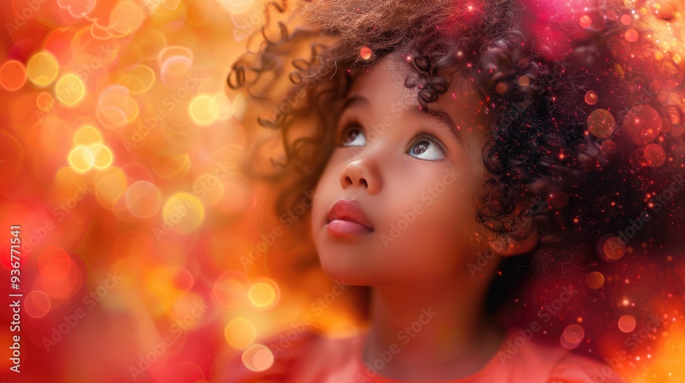 A cute little girl with curly hair and a pink dress, gazing upwards, set against a dreamy and soft-focus backdrop, embodying a beautiful and magical expression of youth.