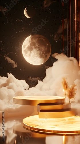 Two golden podiums under crescent and full moons, symbolizing success and celestial inspiration. Ideal for motivational or achievementrelated designs. photo