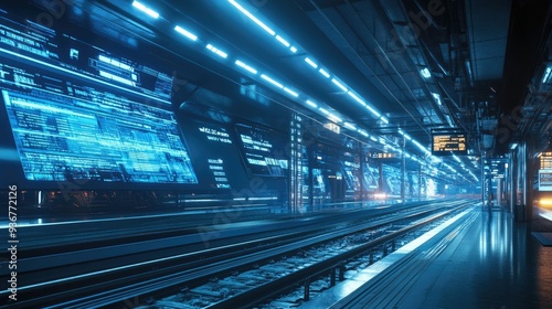 A futuristic train station with digital displays, automated ticketing, and smart infrastructure