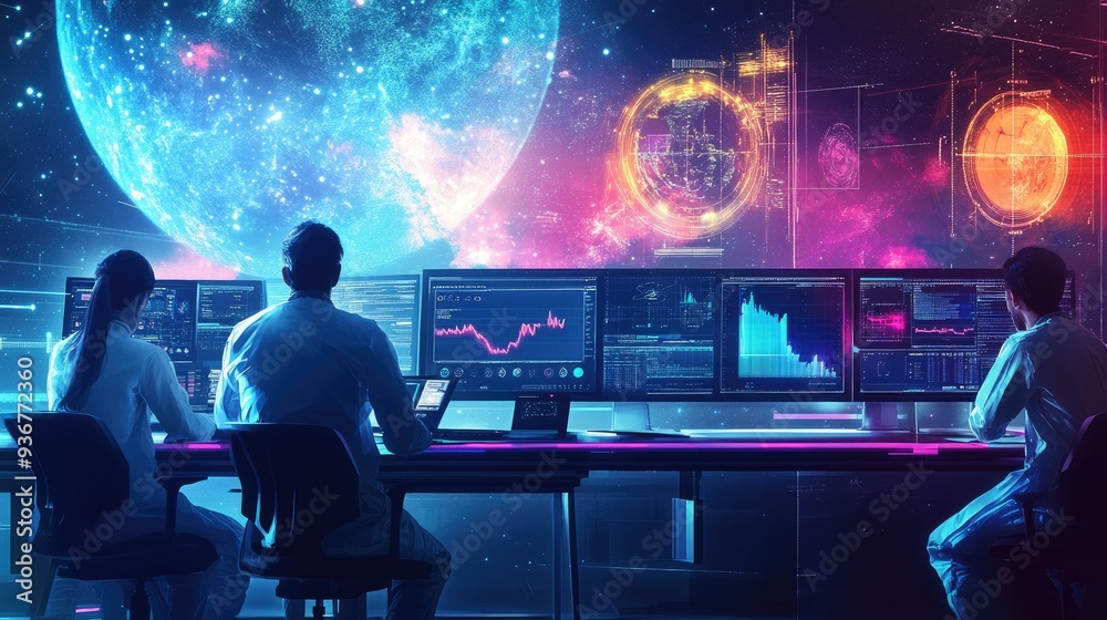 A group of scientists analyzing data from space exploration, using advanced computers and AI A group of scientists analyzing data from space exploration, using advanced computers and AI