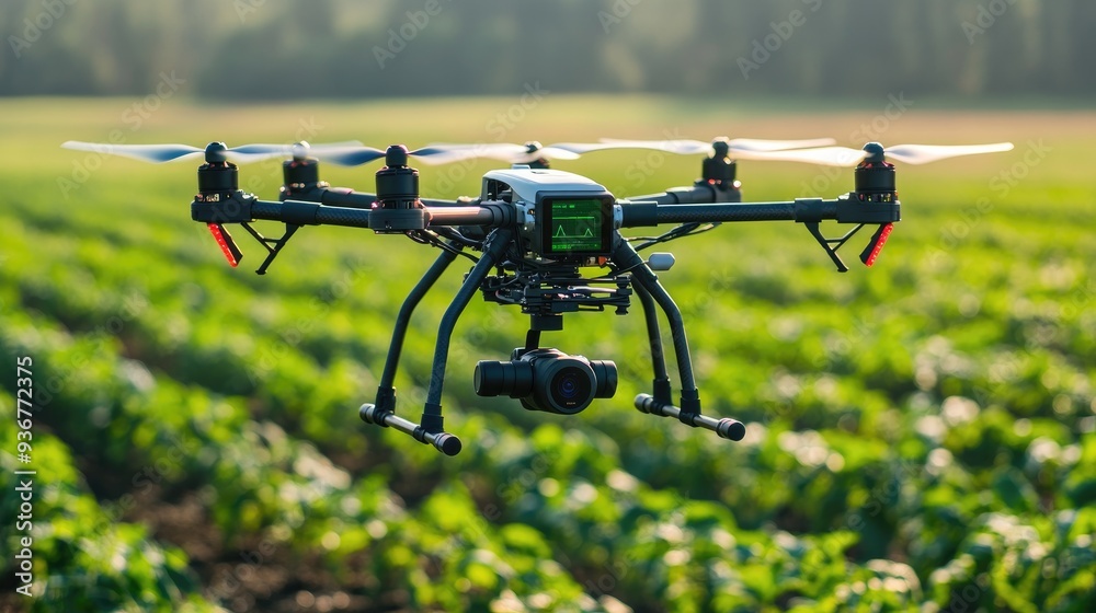 A high-tech agricultural drone monitoring crops from the sky, with data analytics displayed A high-tech agricultural drone monitoring crops from the sky, with data analytics displayed