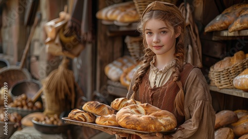Fototapeta Naklejka Na Ścianę i Meble -  An ethnic girl at a market stall, presenting a tray of flatbreads, illustrating a traditional and adorable look with a vibrant and rural street market ambiance.