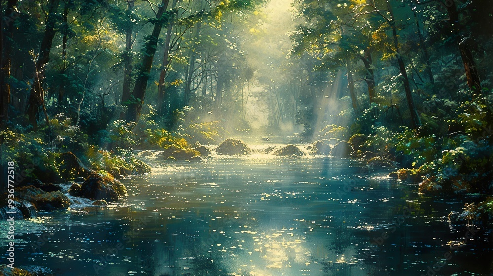 Sunlit Forest River - Tranquil Nature Scene Sunlit Forest River - Tranquil Nature Scene