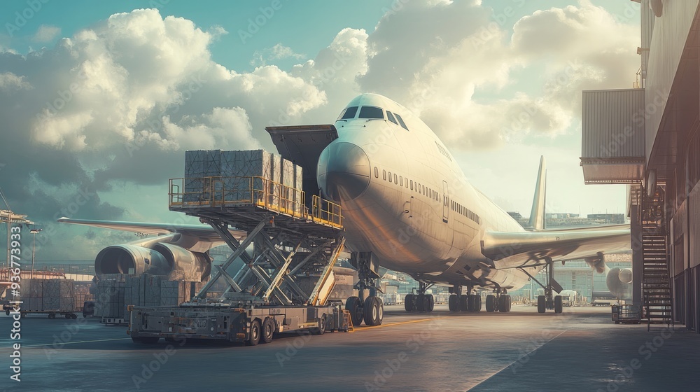 A cargo plane being loaded with goods, representing global trade and logistics A cargo plane being loaded with goods, representing global trade and logistics
