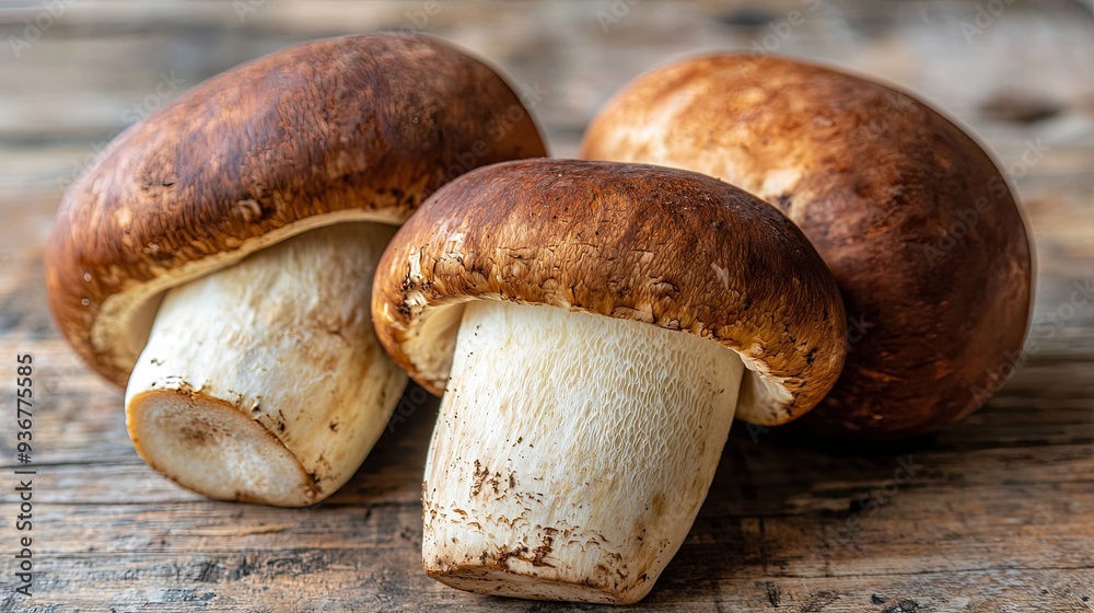 Fresh Porcini Mushrooms on Rustic Wooden Surface Ready for Culinary Use in Autumn Harvesting Season