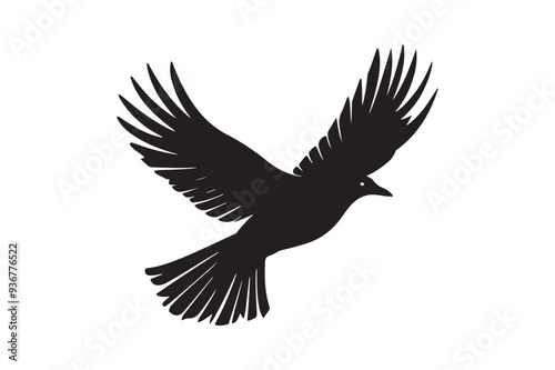 Flying Bird with Spread Wings Silhouette - Black and White Vector Art