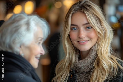 A blonde woman in her thirties, dressed smartly and smiling brightly as she greets an older female customer with dark hair who is shopping for at the fashion store