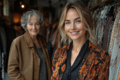 A middle-aged woman with blonde hair and blue eyes, wearing business casual , is helping an elderly customer choose in the store of women's fashion,