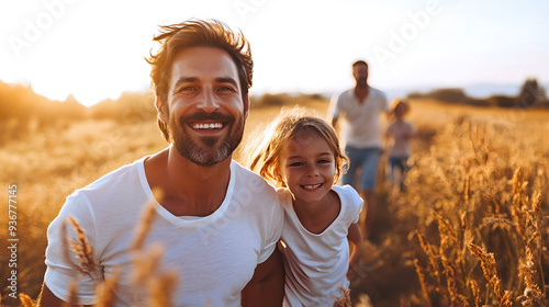 A joyful father and his daughter smiling in a sunlit field, with other family members enjoying the outdoors in the background. 