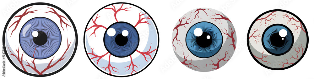 Illustration of Four Blue Human Eyes with Prominent Red Veins in Progressive Visual Styles for Halloween Illustration of Four Blue Human Eyes with Prominent Red Veins in Progressive Visual Styles for Halloween