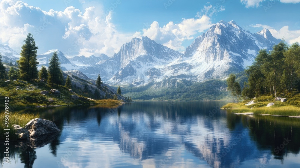 Beautiful mountain landscape with a large, still lake below, clear reflection of peaks Beautiful mountain landscape with a large, still lake below, clear reflection of peaks