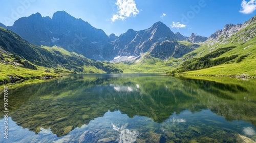 Beautiful mountain landscape with a large, still lake below, clear reflection of peaks