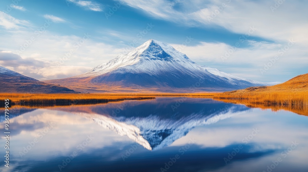 Fototapeta premium Majestic mountain reflected in a vast, serene lake, natural beauty captured