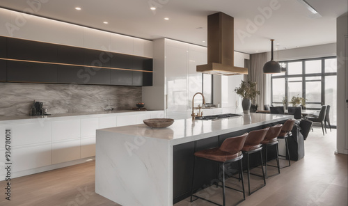 A modern kitchen features a large white island with four bar stools