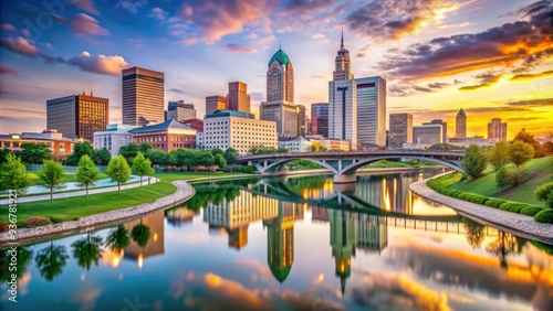 Vibrant cityscape of Columbus, Ohio, USA downtown skyline reflected in the serene Scioto River at sunset, surrounded by lush greenery and urban architecture. photo