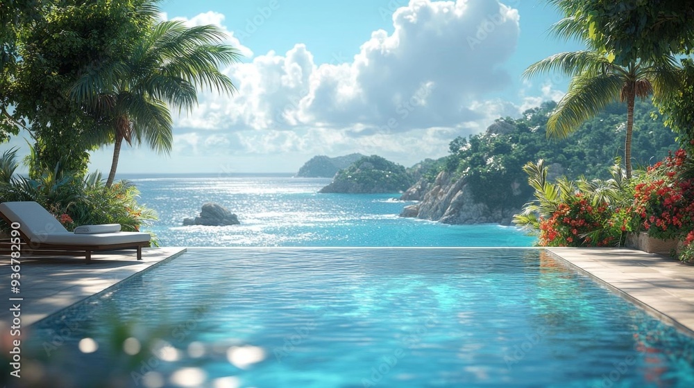 Obraz premium Infinity pool overlooking tropical paradise - generative ai