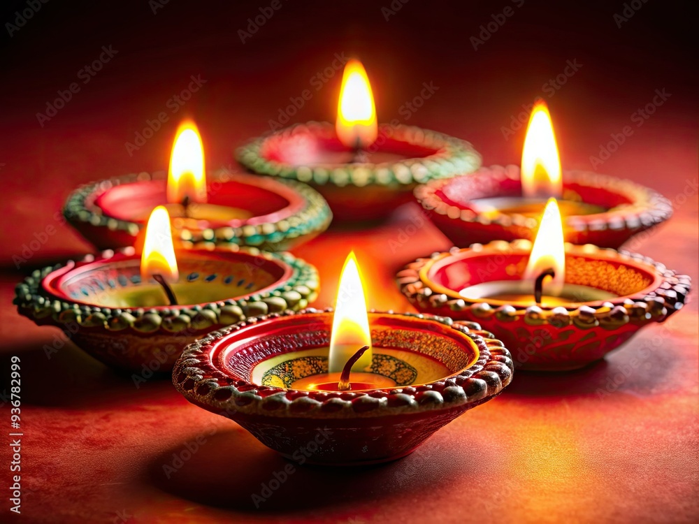 Vibrant clay diyas lit on a deep red background, radiating warmth and joy, symbolizing the festive spirit of Diwali, the Hindu festival of lights. Vibrant clay diyas lit on a deep red background, radiating warmth and joy, symbolizing the festive spirit of Diwali, the Hindu festival of lights.