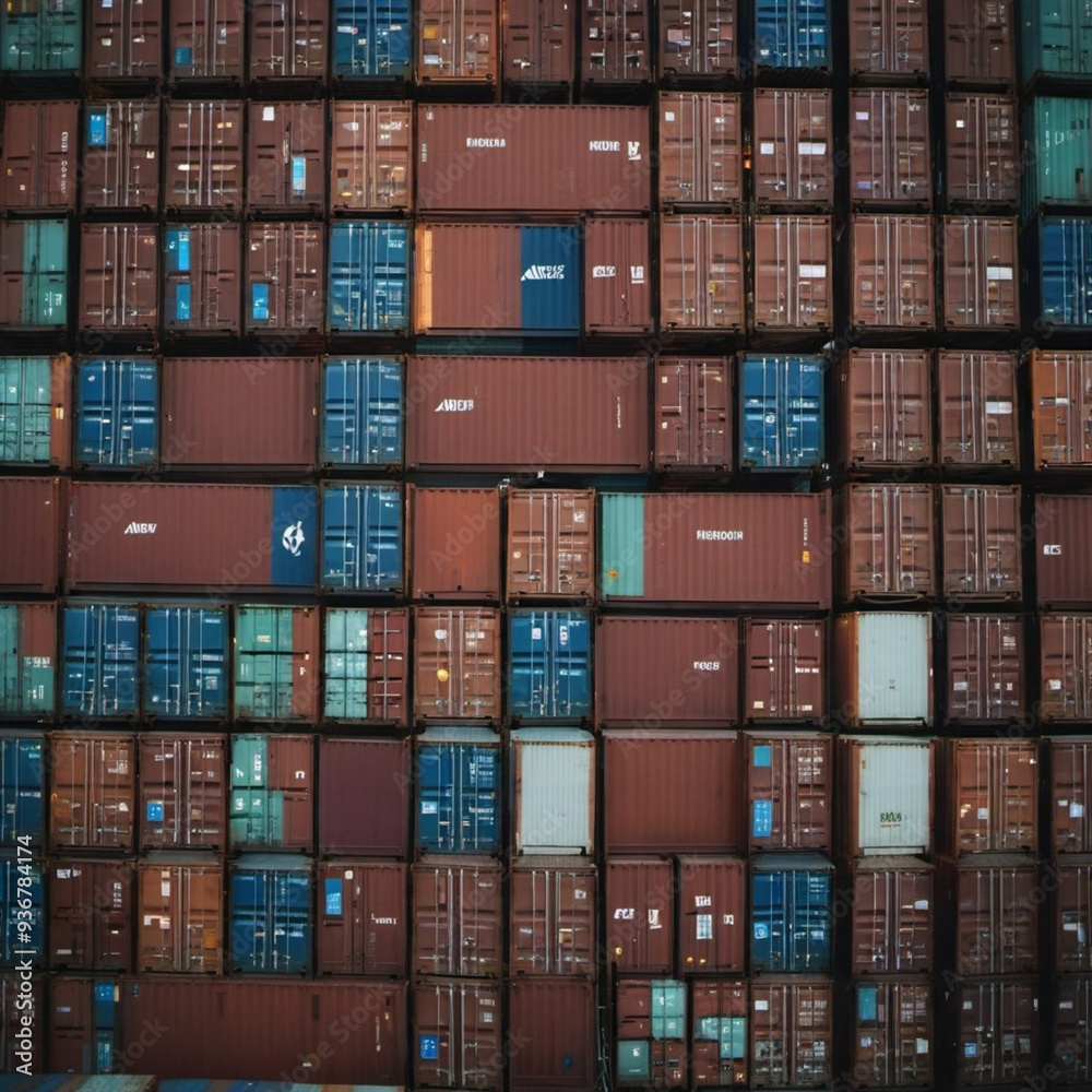 Extensive array of shipping containers is stacked neatly at busy port, showcasing vibrant mix of colors and arrangements. Aerial perspective highlights the organized chaos of cargo logistics. AI Extensive array of shipping containers is stacked neatly at busy port, showcasing vibrant mix of colors and arrangements. Aerial perspective highlights the organized chaos of cargo logistics. AI