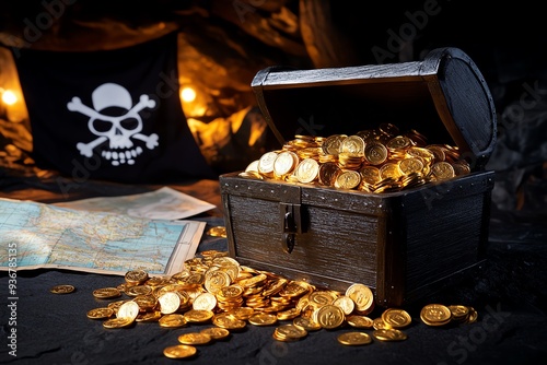 A pirate treasure chest overflowing with gold coins, map, and a skull flag in a dark, mysterious setting.