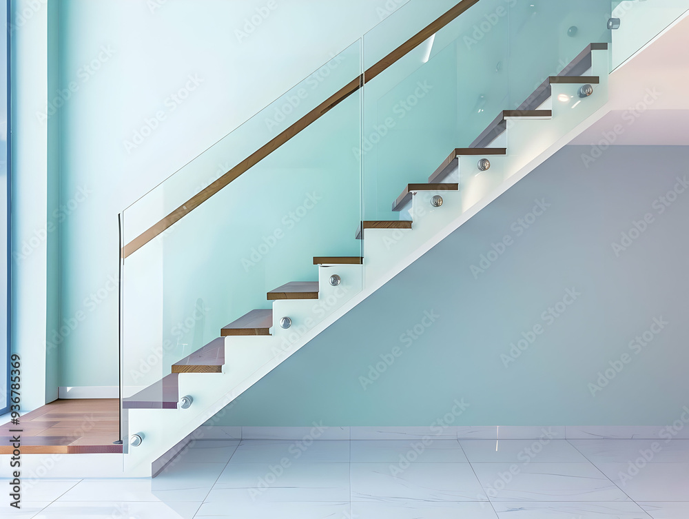 Modern Glass Staircase with Wooden Steps - Interior Design Photo Modern Glass Staircase with Wooden Steps - Interior Design Photo