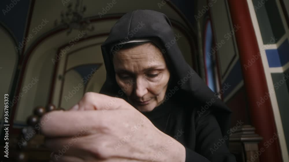 Tilt up low angle view of adult religious sister of Caucasian ethnicity praying to God with rosary in church Tilt up low angle view of adult religious sister of Caucasian ethnicity praying to God with rosary in church