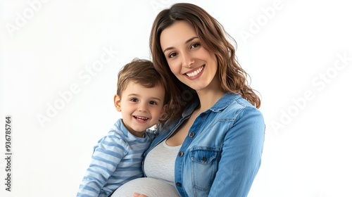 Wallpaper Mural Cheerful pregnant woman with a child by her side, both smiling, isolated on white Torontodigital.ca