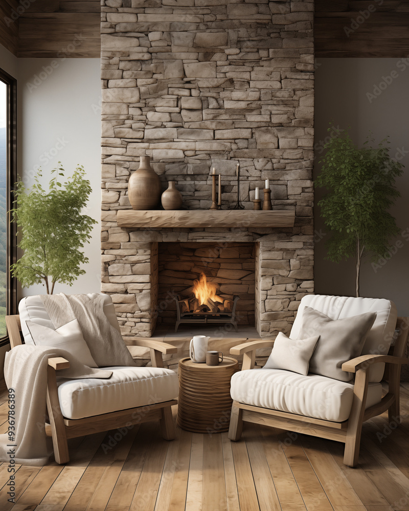 Obraz premium Exclusive interior. Armchairs by an old fireplace in a setting of clichéd design conveying a domestic atmosphere of tranquility and well-being. The fireplace is burning.