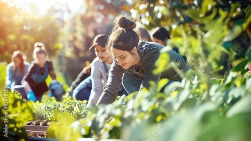 A business team volunteering at a community garden, symbolizing corporate social responsibility and giving back to the community