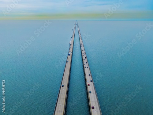 Traffic over the Lake Pontchartrain Causeway Bridge, New Orleans, Louisiana, United States of America. photo